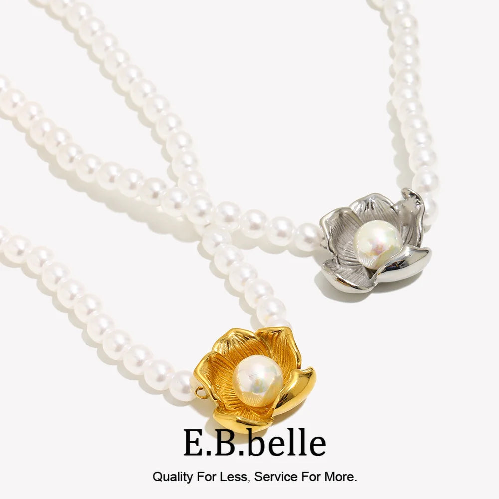 E.B.belle Imitation Pearl Flower Pendant Necklace Hypoallergenic 316L Stainless Steel Accessories 18K Gold Plated Gift