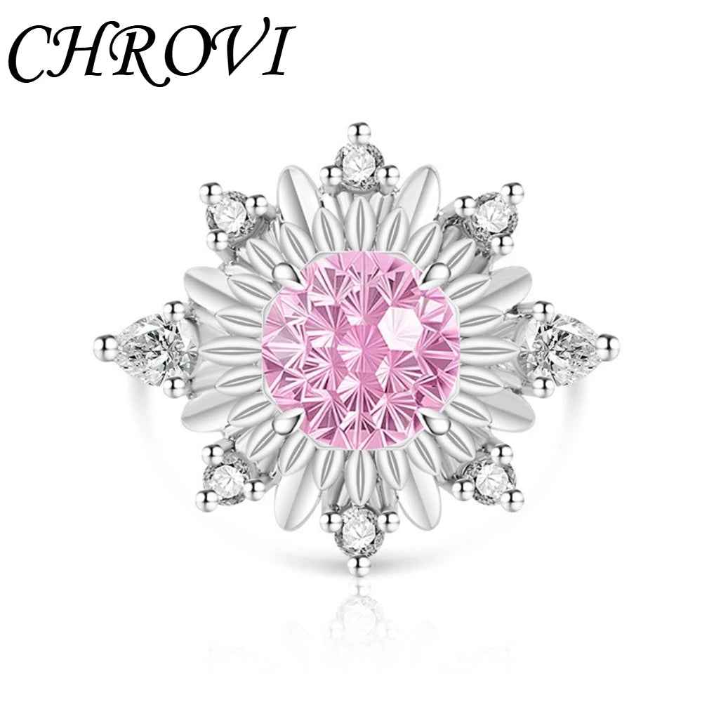 Luxurious 925 sterling silver gemstone flower chrysanthemum ring for women - ultra-shiny sunflower style finger ring