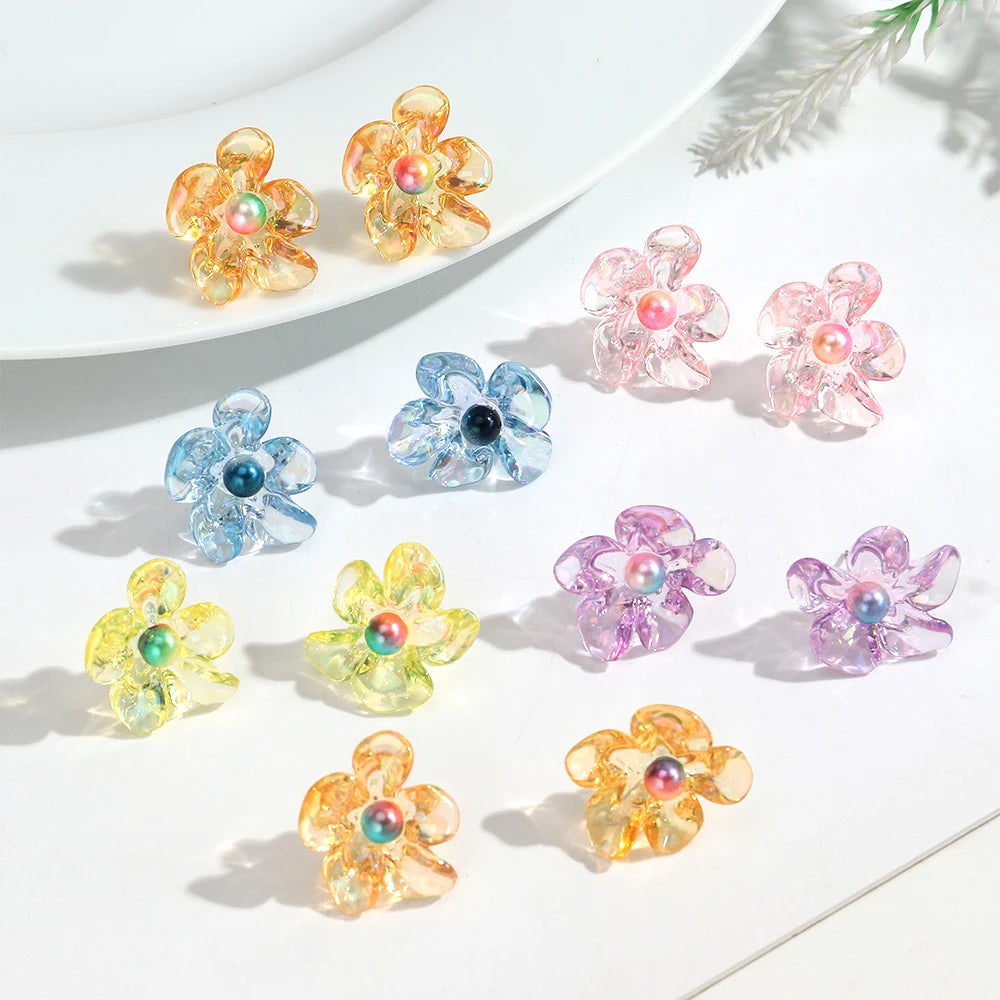 Cute Colorful Transparent Flower Stud Earrings Exquisite Resin Petal Earring for Women Party Jewelry Gifts
