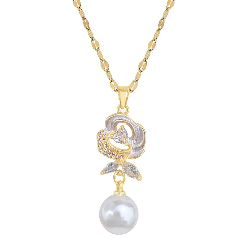 Romantic Shell Flower Pendant Necklace with Imitation Pearl Luxury Trendy Wedding Accessories Gift Aesthetic Jewelry for Women