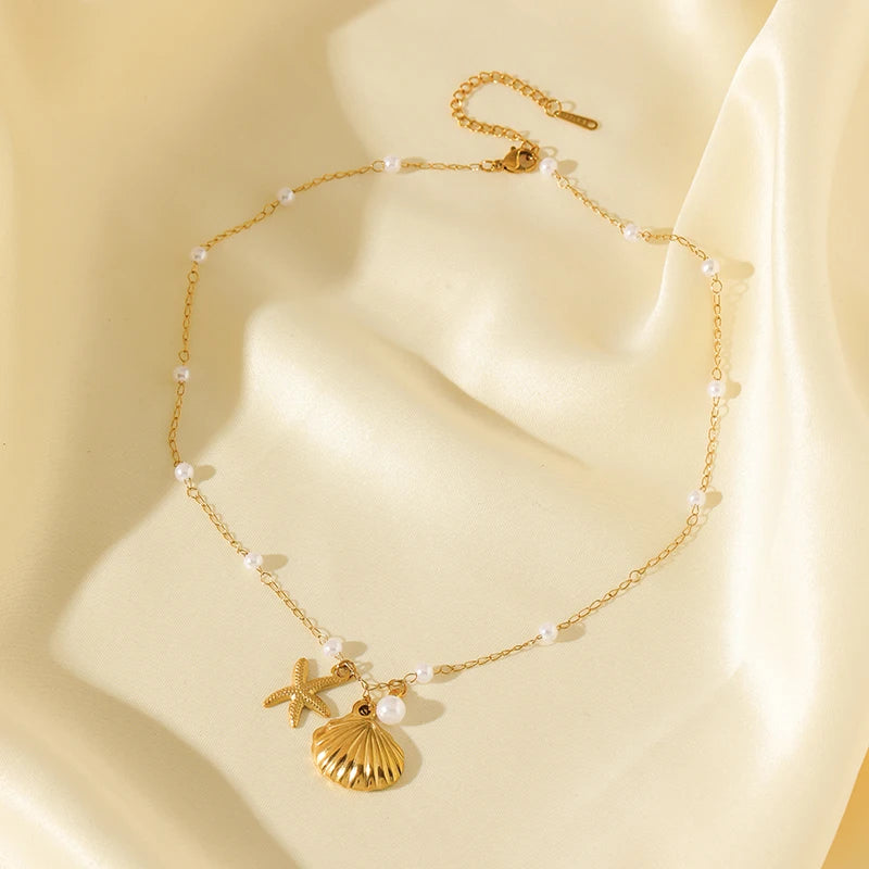 EILIECK 316L Stainless Steel Shell Starfish Pearl Pendant Necklace For Women Fashion New Party Gift Charm Neck Chain Jewelry