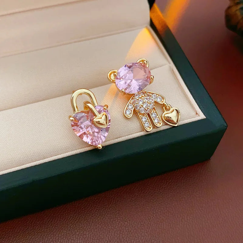 925 Silver Needle Zircon Bear Love Earrings for Women High-end Asymmetric Stud Earring Fashionable Versatile Sweet Jewelry