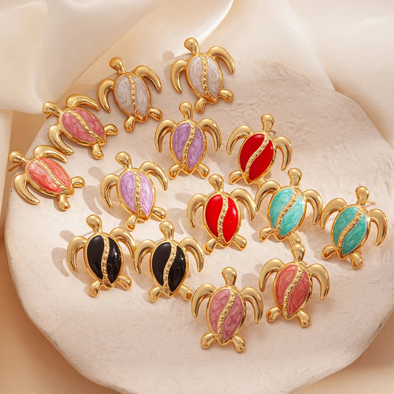 ANENJERY 316L Stainless Steel Colorful Stripes Turtle Earrings For Women Niche Design Unique Cute Jewelry Gifts Wholesale