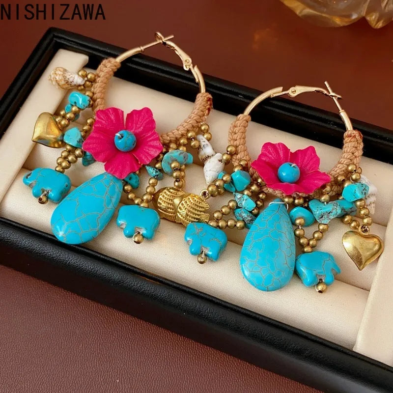 NISHIZAWA Bohemian Stones Earrings for Women Flowers Tassels Fashion Jewelry Elegant Beach Style Retro Aretes De Mujer