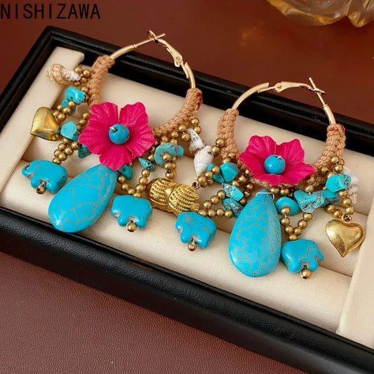 NISHIZAWA Bohemian Stones Earrings for Women Flowers Tassels Fashion Jewelry Elegant Beach Style Retro Aretes De Mujer