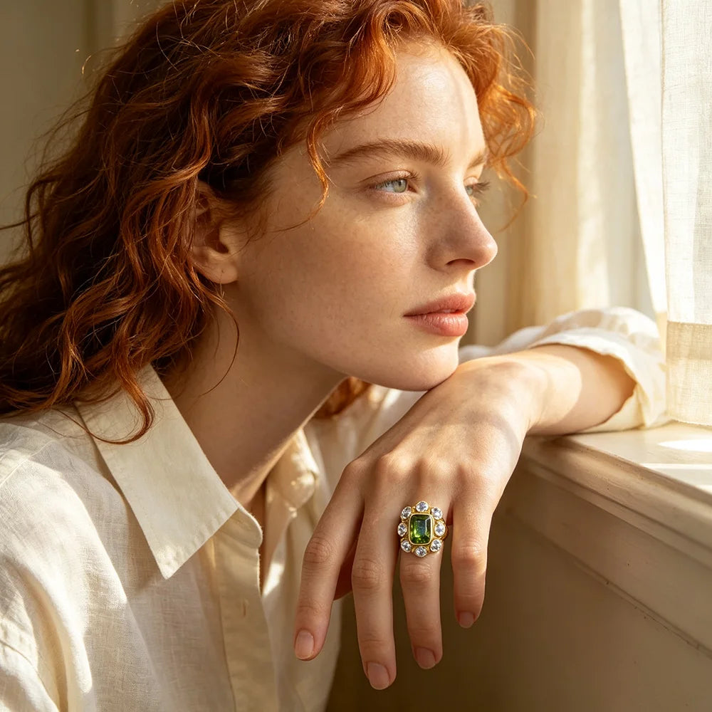 E.B.belle Party Shiny Flower Luxury Clear Green Zircon Ring Stainless Steel PVD Plated Fashion Women Stetement Jewelry