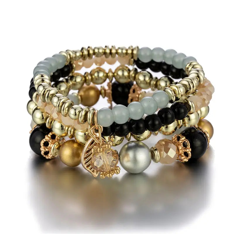 4Pcs New Candy Color Glass Beads Bracelet Set For Women Fashion Leaf Charm Elastic Chain Bangle Female Party Jewelry