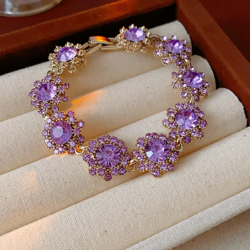 Vintage Amethyst Round Flower Cluster Necklace Bracelet Earring Jewelry Set Antique Silver Luxury Women Bridal Wedding Jewelry N