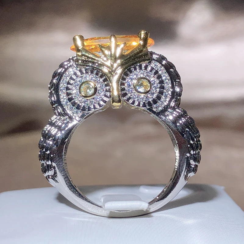 2022 New Exaggerated Large Owl Shape Orange Zirconia Ring Women 925 Stamp Party Travel Birthday Jewelry Gift