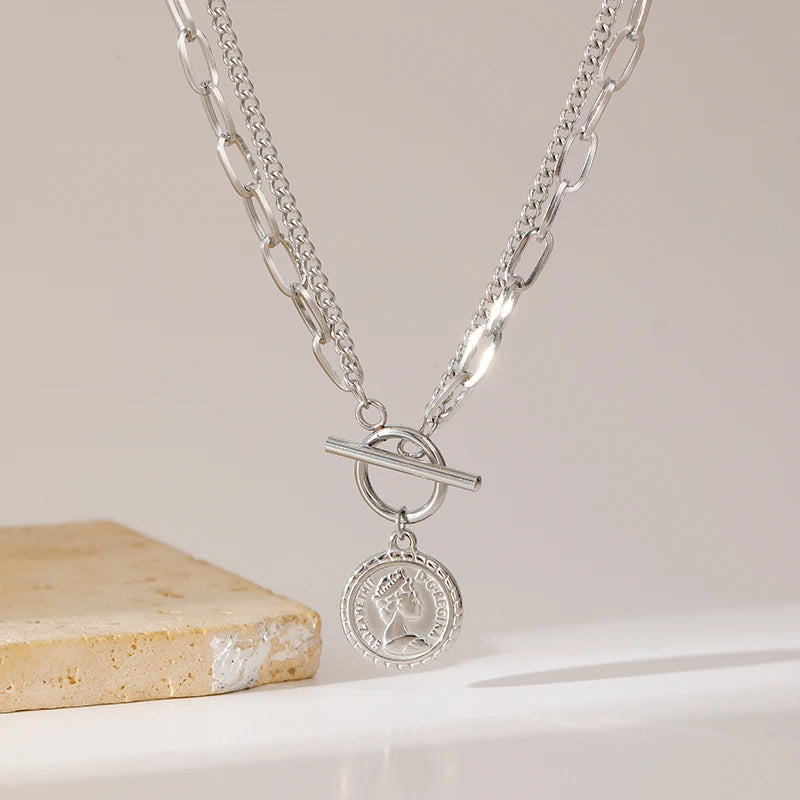 EILIECK 316L Stainless Steel Portrait Coin Pendant Necklace For Women Fashion Silver Color Neck Chain Waterproof Jewelry Gift