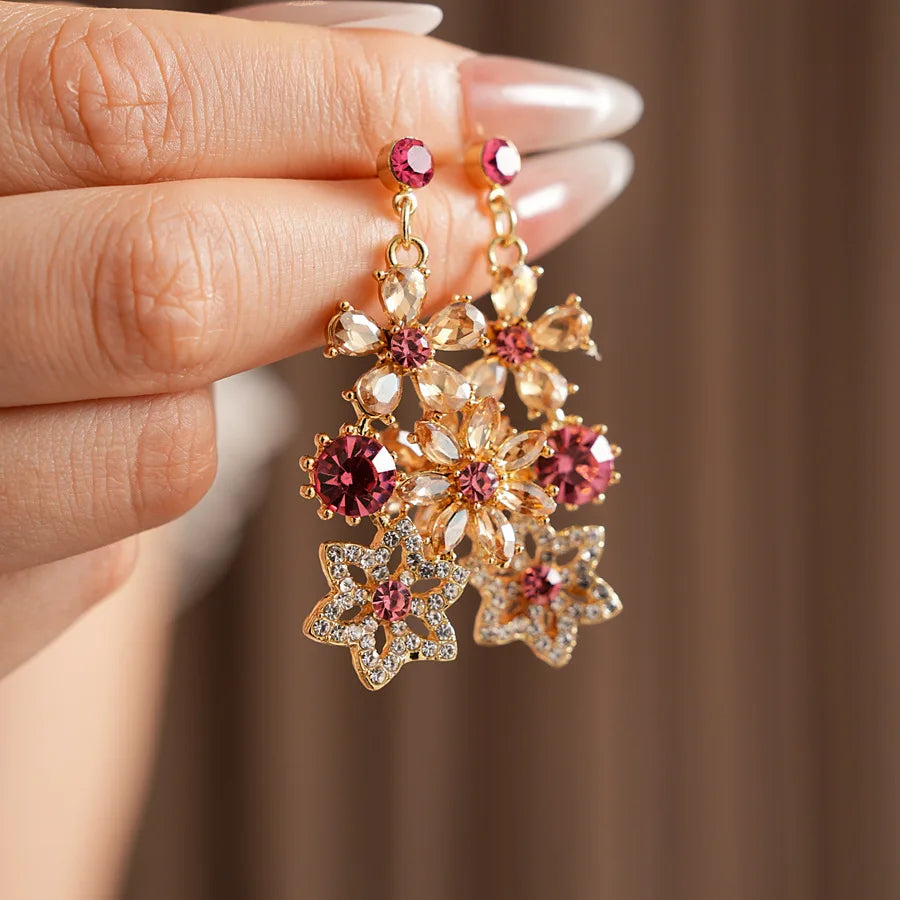 Vintage Inlaid Rhinestone Flowers Snowflake Jewelry Sets for Women Retro Exquisite Versatile Light Luxury Earring Necklace Set