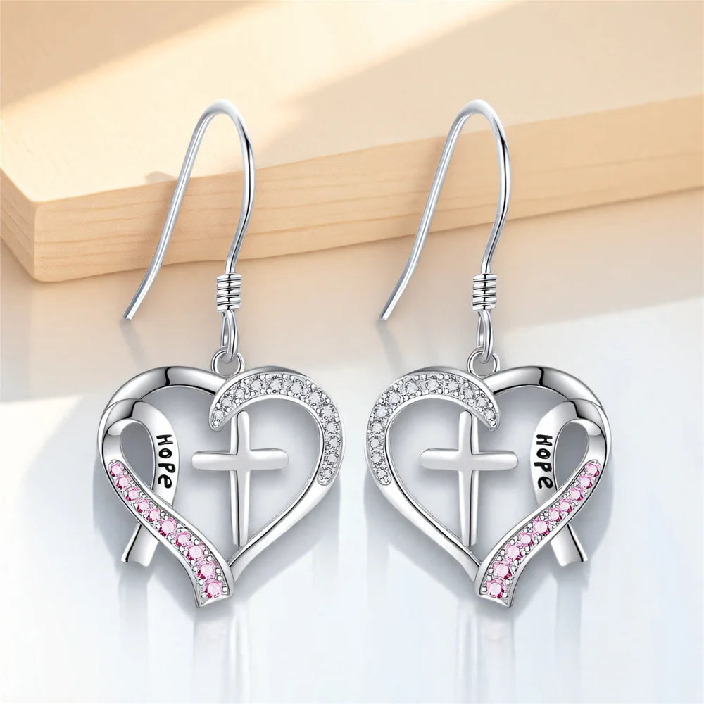 Charm Female Crystal White Pink Stone Cross Heart Earrings Cute Trendy Bridal Silver Color Wedding Jewelry For Women