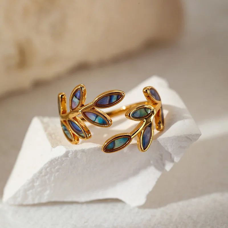 EILIECK 316L Stainless Steel Blue-purple Flowers Open Ring for Women Stylish Design Water Resistant Metal Finger Rings Jewelry
