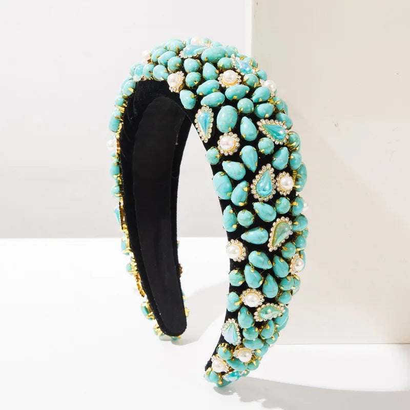 Baroque Headband for Women Heavy Craft Turquoise Pearl Hair Hoop Vintage Court Luxury Hair Accessories Party Statement Hairband