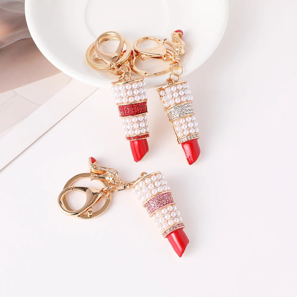 Elegant Ladies Lipstick Keychain High Heels Pendant Car Keyring Pearl Rhinestone Inlaid Metal Accessories