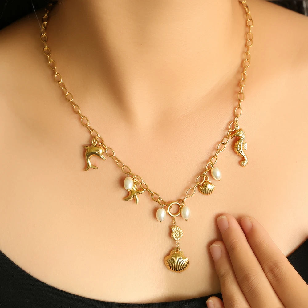 EILIECK Women's Trendy Colorful Creative Fish Pendant Necklace Stainless Steel Neck Chain Daily Water-resistant Jewelry Gift