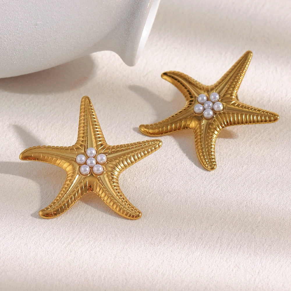 E.B.belle Exaggertaed Summer Beach Imitation Pearl Starfish Stud Earrings 18k Gold Plated Stainless Steel Holiday Women Jewelry