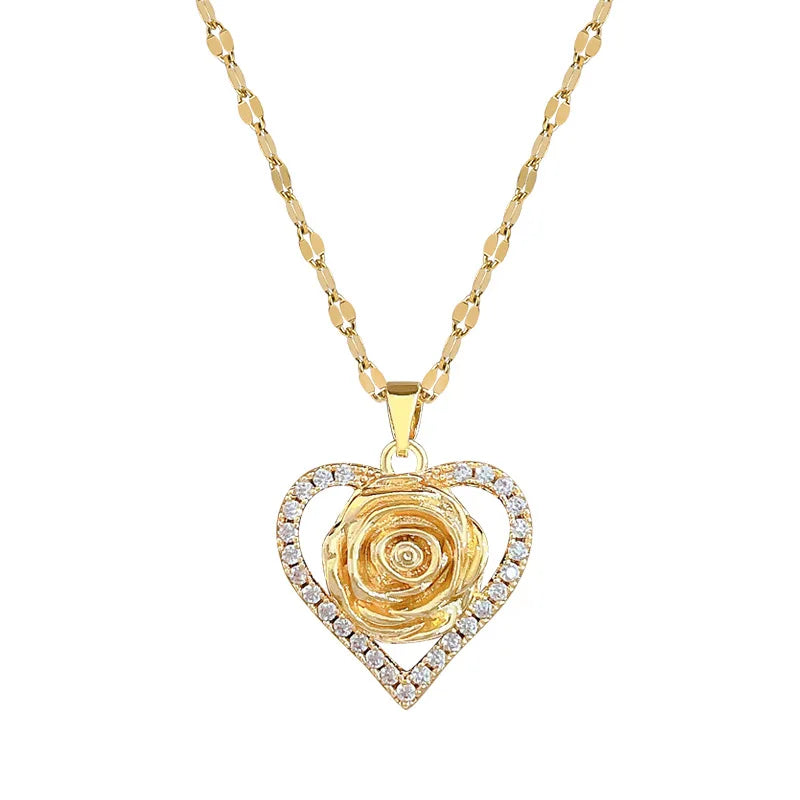Unique Heart CZ Rose Flower Design Women's Pendant Necklace Aesthetic Bridal Wedding Accessories Gift for Mother's Day New