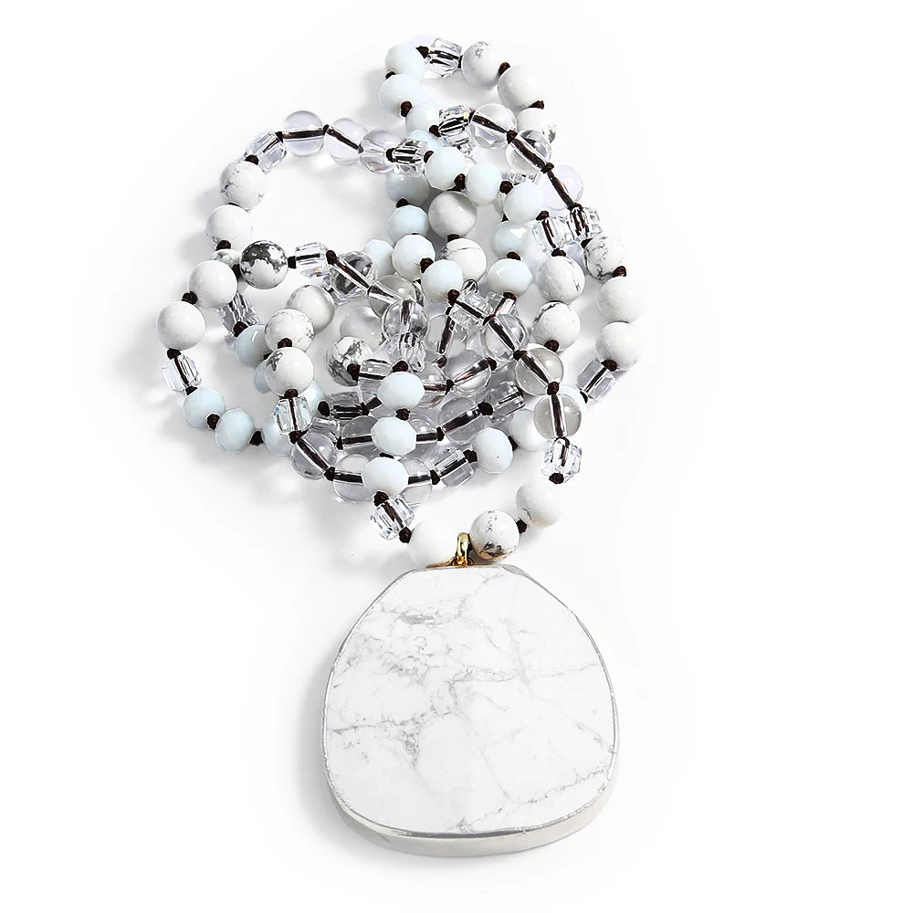Women Fashion Bohemian Style 8mm Multicolor Natural Stone Glass Knotted Necklace Irregular Cut Surface Heavy Stone Pendant