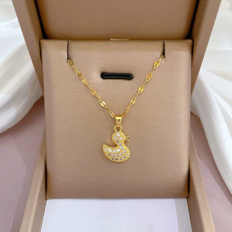 EILIECK 316L Stainless Steel Shine Cubic Zircon Butterfly Pendant Necklace for Girl Gold Color Waterproof Chic Jewelry Party