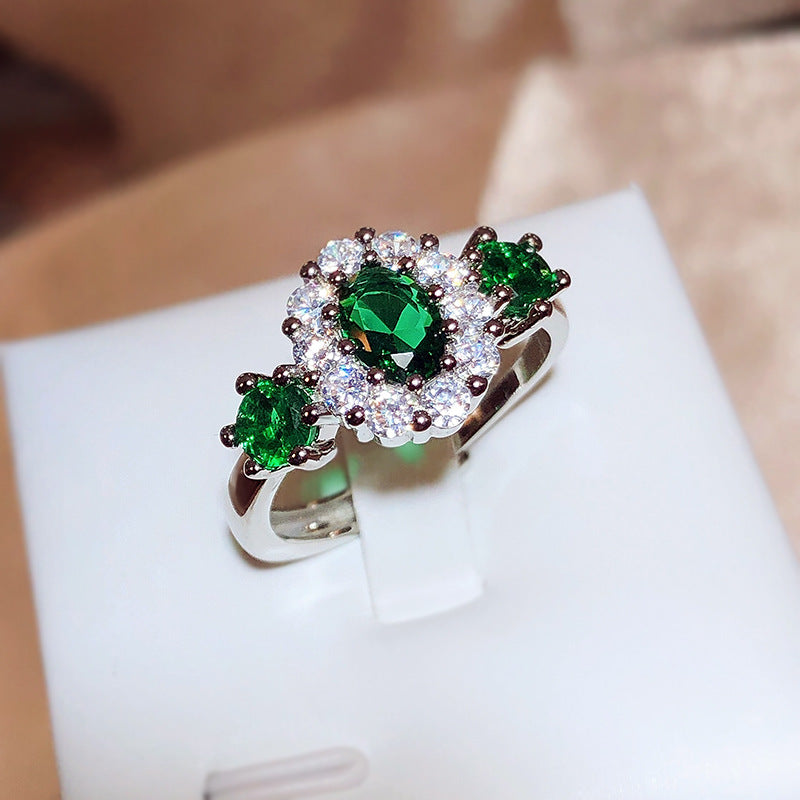 925 Stamp New Green Shiny Zircon Ring For Women's Fashion Green Ring Opening Adjustable Jewelry Bridal Engagement Ring