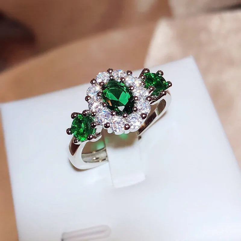 925 Stamp New Green Shiny Zircon Ring For Women's Fashion Green Ring Opening Adjustable Jewelry Bridal Engagement Ring