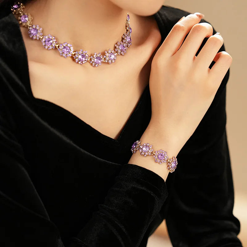 Vintage Amethyst Round Flower Cluster Necklace Bracelet Earring Jewelry Set Antique Silver Luxury Women Bridal Wedding Jewelry N
