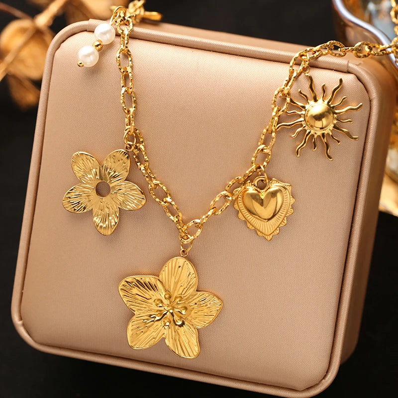 EILIECK 316L Stainless Steel Metal Gold Color Sun Moon Pendant Necklace Lady New Trendy Neck Chain Waterproof Jewelry Party Gift