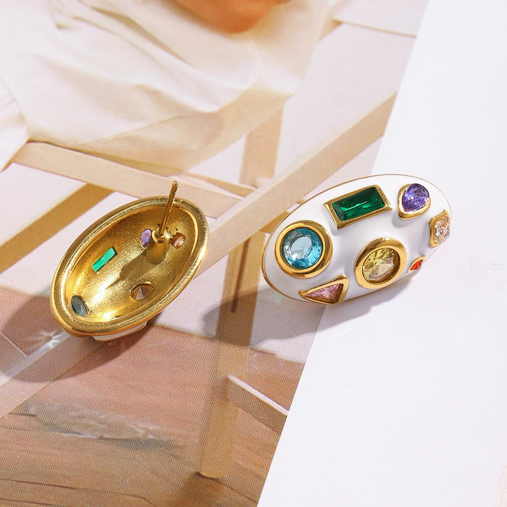 E.B.belle White Enamel Oval/Heart Coloful Geometric Zircon 18K Gold Plated Stainless Steel Women Party Statement Jewelry Gifts