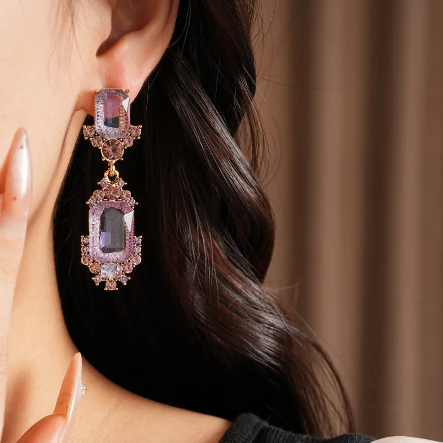 1 Pcs Purple Square Rhinestones Chokers Necklaces Retro Shiny Geometric Drop Earring Luxury Jewelry Set Gifts Wedding Party N