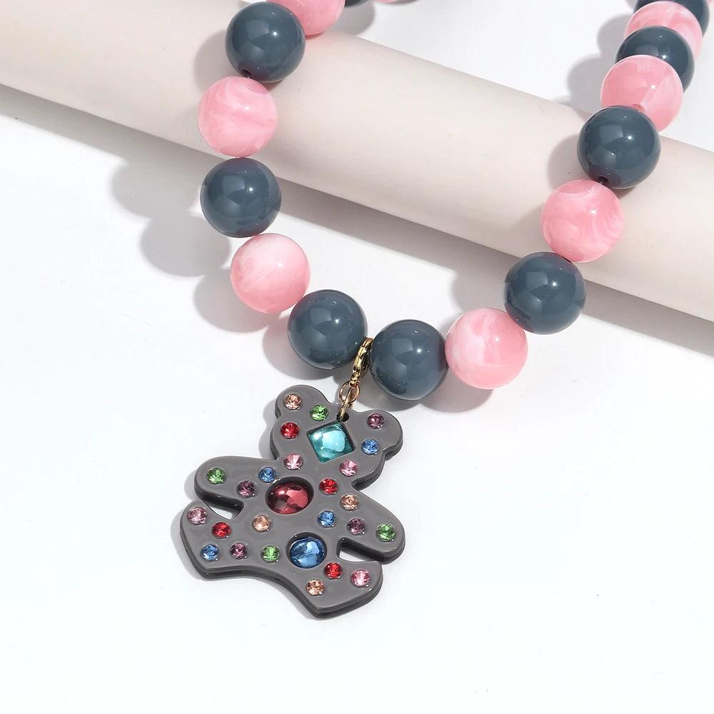 Fashion Acrylic Big Round Beads Bear Pendant Necklace for Women Colorful Geometric Beaded Choker Necklace Party Jewelry Gift