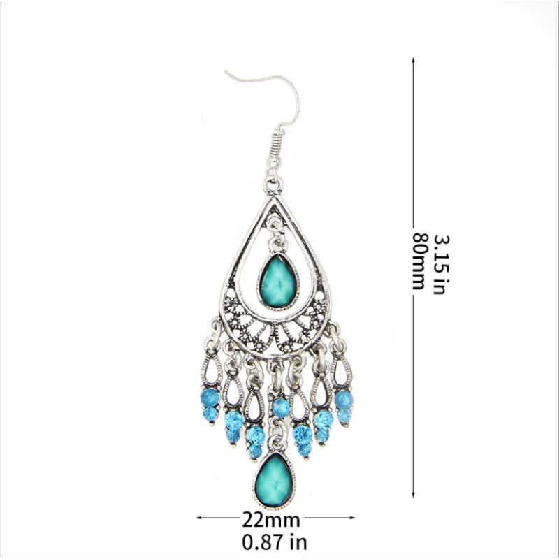 Bohemian Ethnic Style Antique Silver Color Alloy Hollow Acrylic Resin Gems Water Droplet Tassel Earrings Women Vacation Jewelry