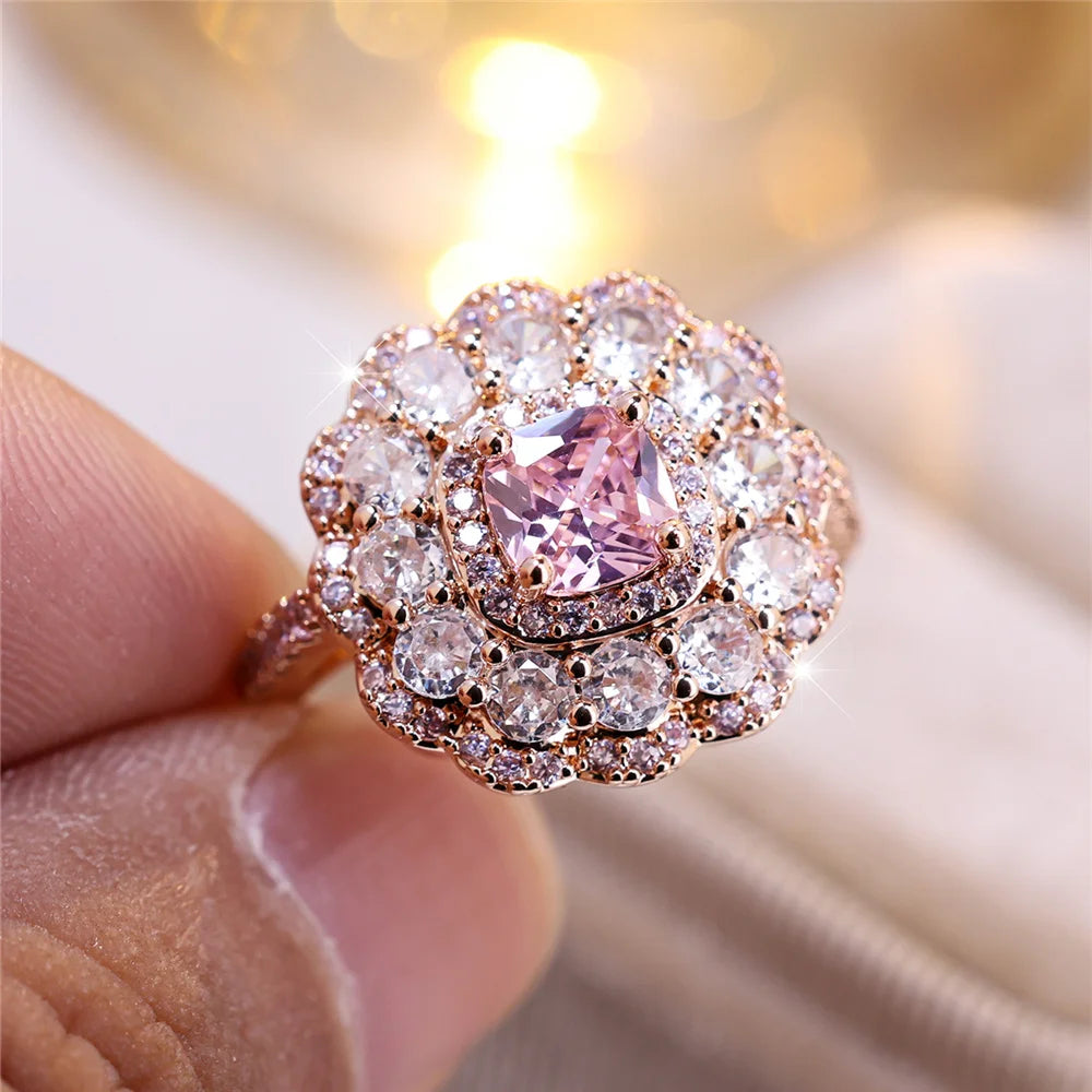 Luxury Female White Pink Square Flower Round Zircon Stone Ring Rose Gold Color Dainty Gift Party Wedding Jewelry For Women