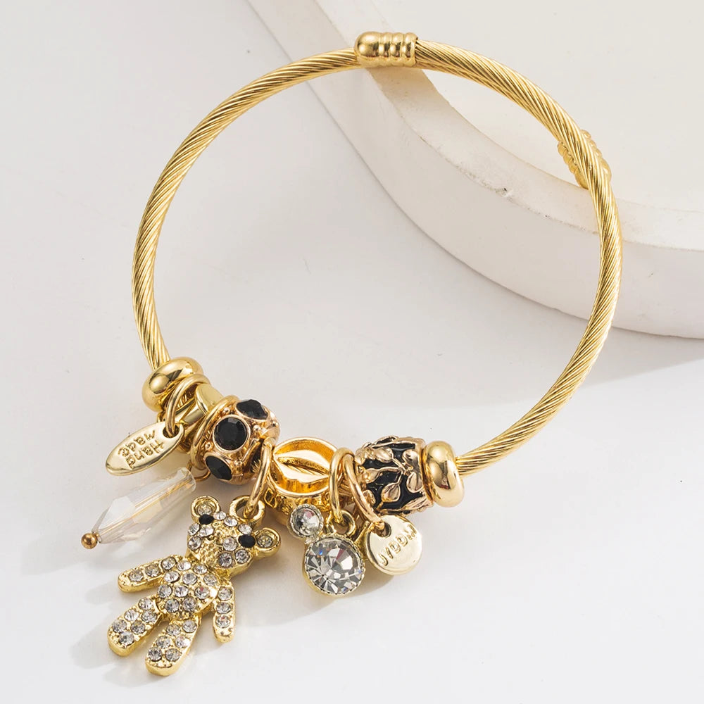 Gold Stainless Steel Pandora Bracelet With Personalized Bear Letter Pendant And Adjustable Opening For Women