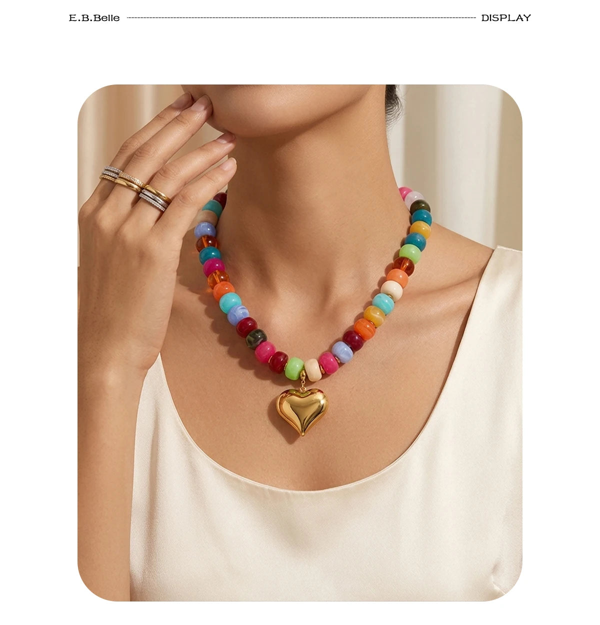 E.B.belle Candy Color Bead Heart Charm Necklaces Colorful Dopamine Resin Chain Necklace Tarnish Y2K Fashion Women Jewelry