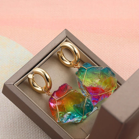 Oversize Irregular Natural Stone Drop Earrings for Women Gold Color Wire Wrapped Colorful Stone Stainless Steel Circle Earrings