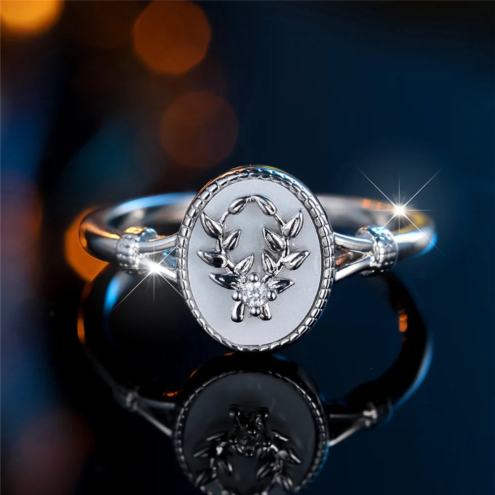 Charm Female White Enamel Stone Oval Leaf Plant Ring Rose Gold Silver Color Cute Gift Wedding Jewelry For Women