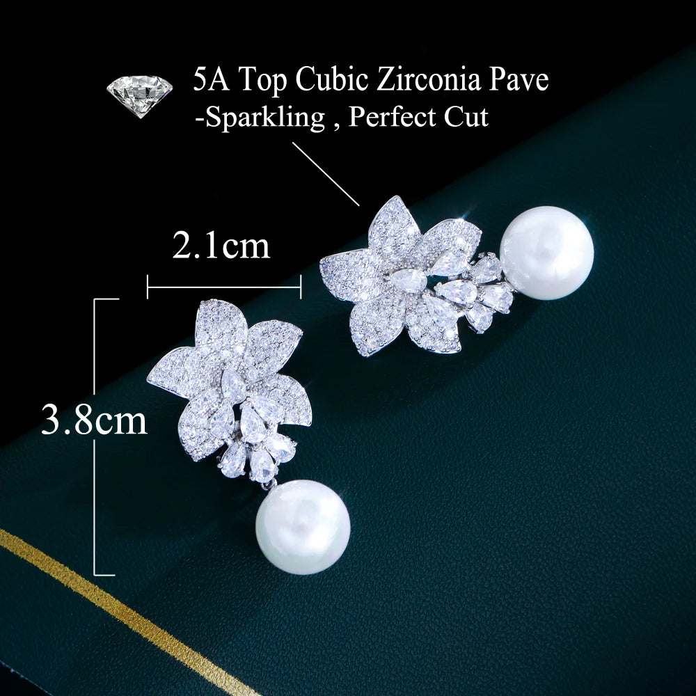 ThreeGraces Sparkling Cubic Zirconia Simulated Pearl Long Flower Dangle Earrings for Women Trendy Bridal Wedding Jewelry E1855