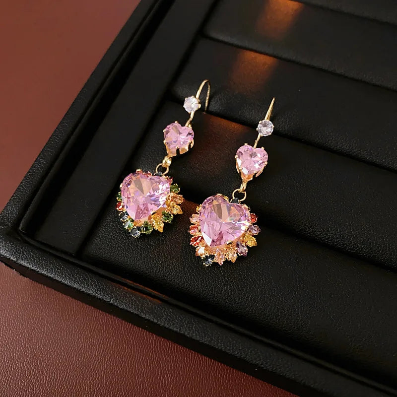 Colorful Zircon Flowers Water Drop Earrings Pendant Necklace Women's Charm Elegant Fashion Jewelry Set Accessories Party Dress G