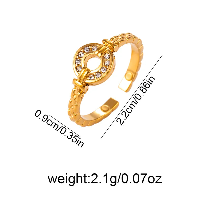 ANENJERY 316L Stainless Steel Hollow Round Hexagon Zircon Open Ring For Women Simple Luxury Temperament Jewelry Gifts