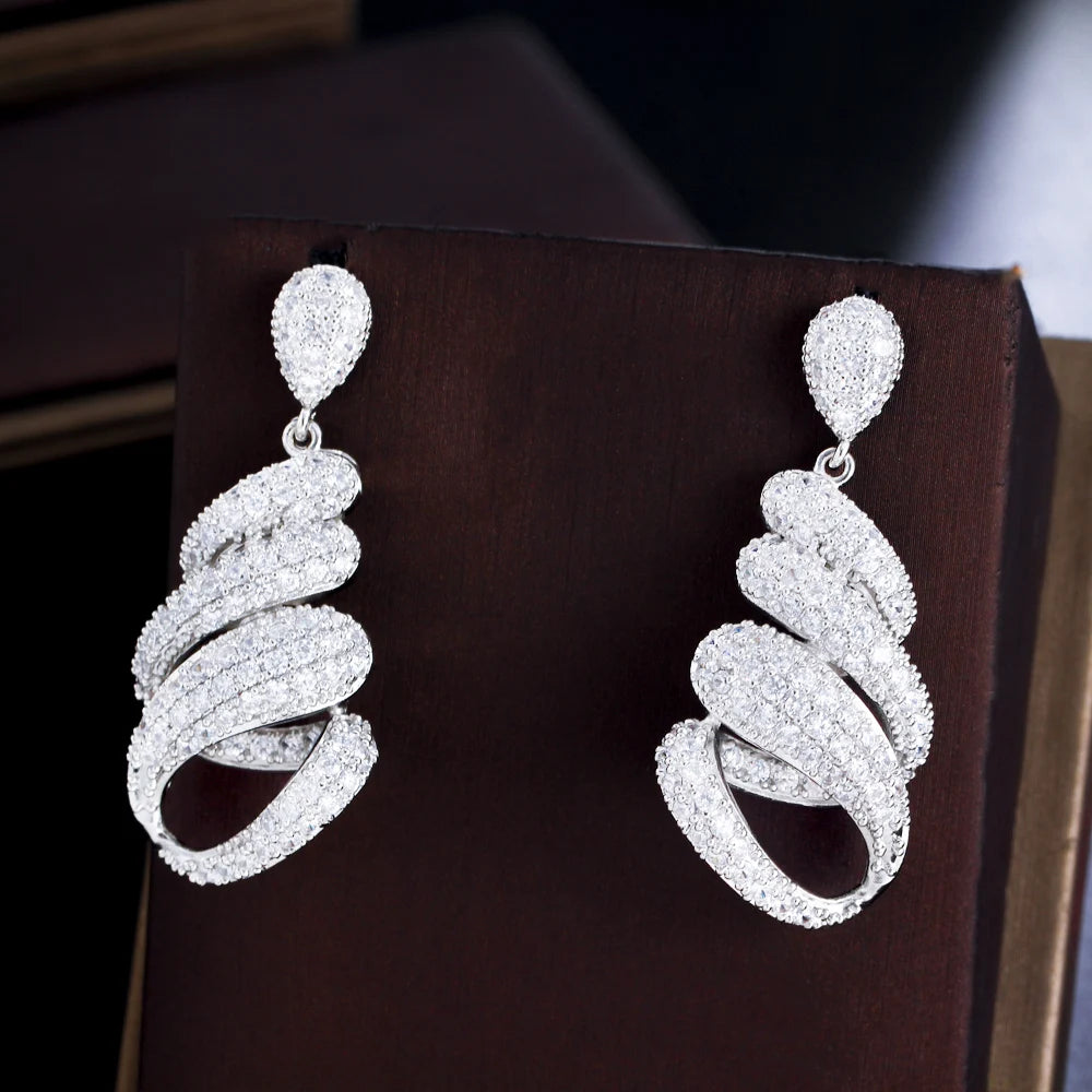 ThreeGraces Luxury Fashion Shiny White Zirconia Bridal Wedding Party Long Twist Lines Drop Earrings for Women Jewelry E1053