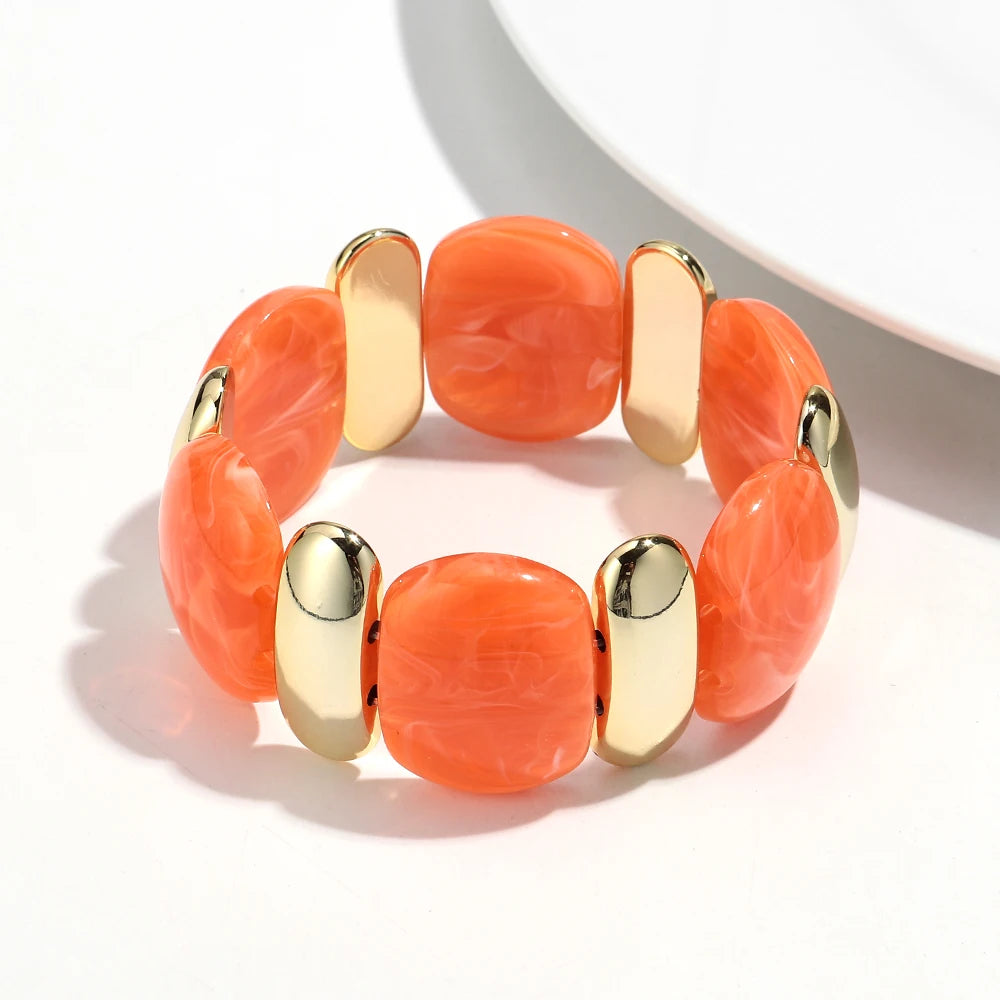 Elegant Acrylic Marble Geometric Petal Curved Beads Elastic Bracelets Trendy CCB Bead Chunky Bangles Bracelet Women Accessories