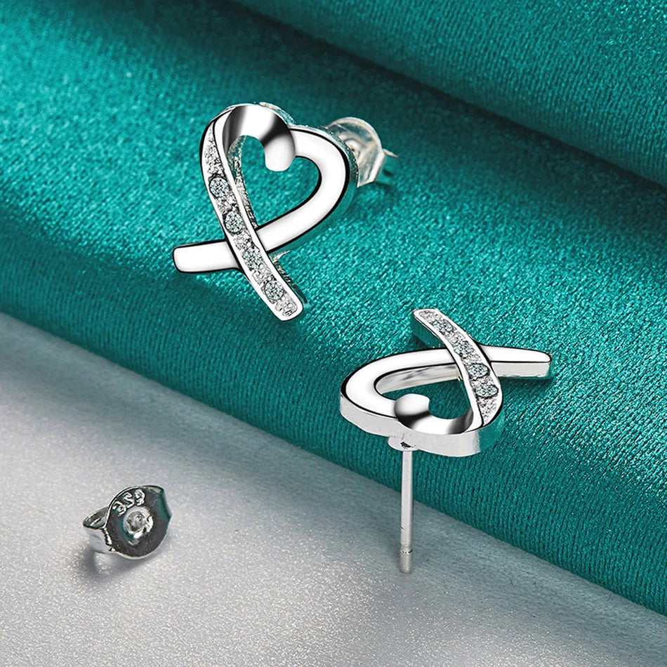 URMYLADY 925 Sterling Silver Love Heart Zircon Stud Earrings For Women Wedding Party Fashion Jewelry