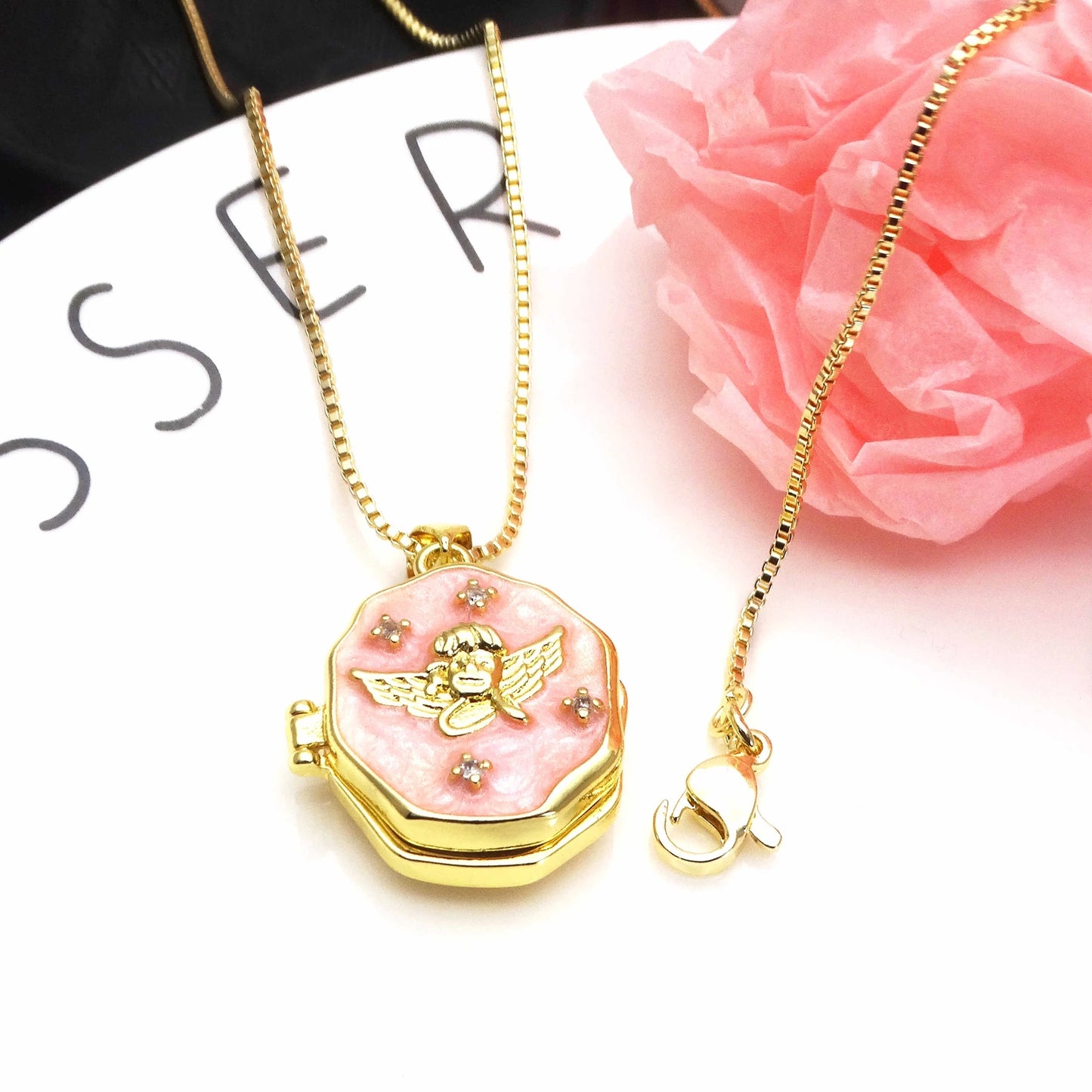 Micro Zircon oil drip photo box Angel Pendant necklace Love heart pendant necklace copper chain jewelry necklace