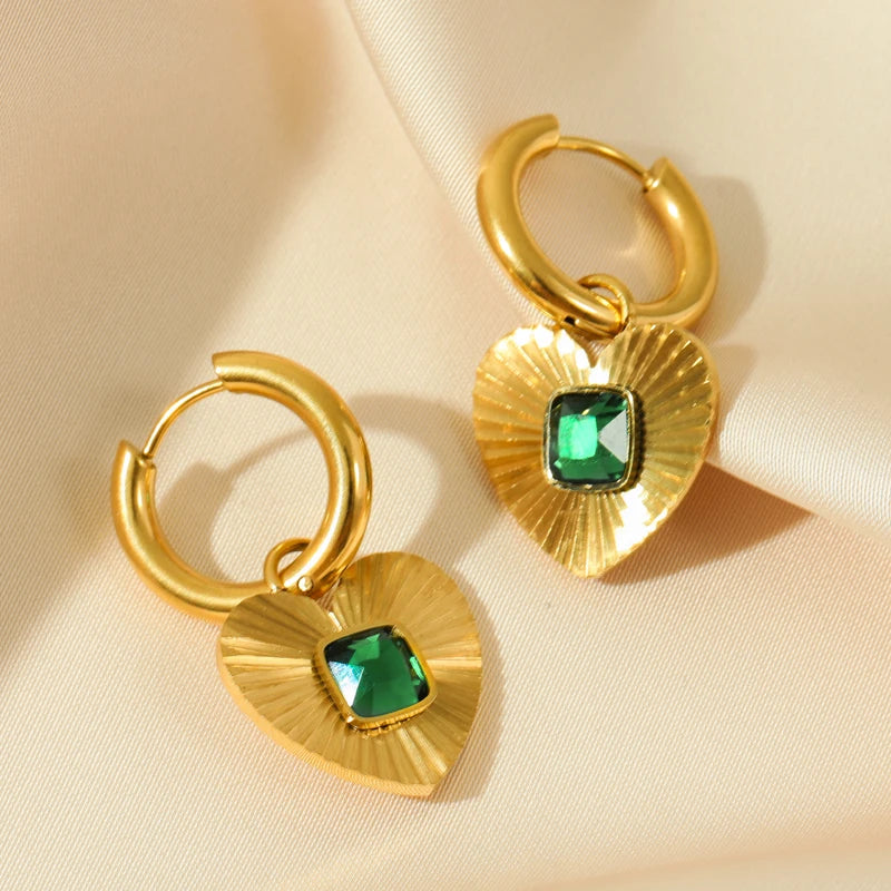 EILIECK 316L Stainless Steel Heart Love Green Crystal Pendant Necklace Earrings for Women Fashion Punk Jewelry Set Gift Party