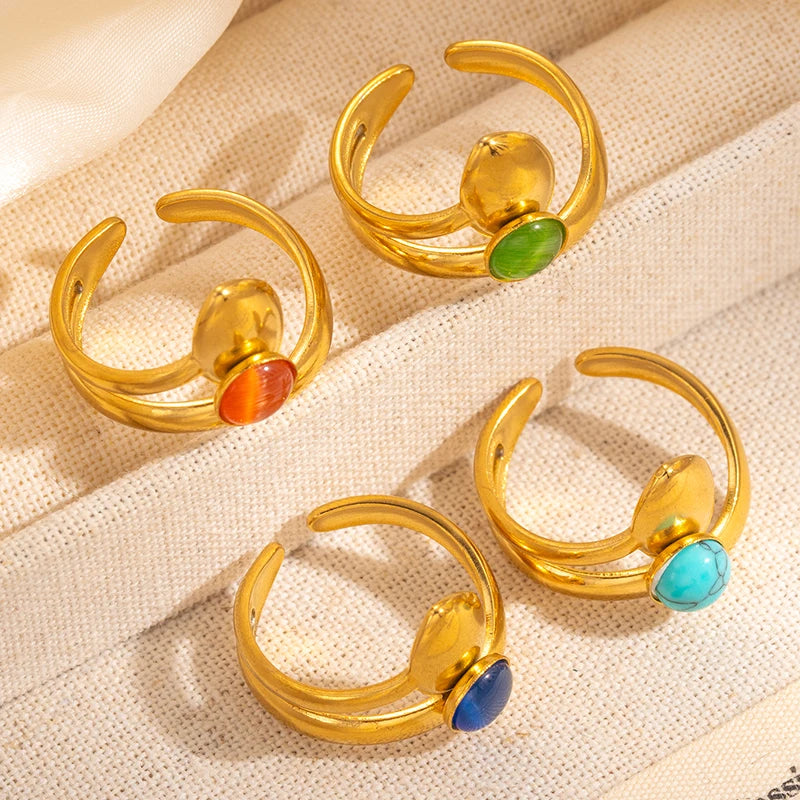 ANENJERY 316L Stainless Steel Colorful Stone Water Droplets Open Ring for Women Personality Niche Jewelry Niche Gifts Wholesale