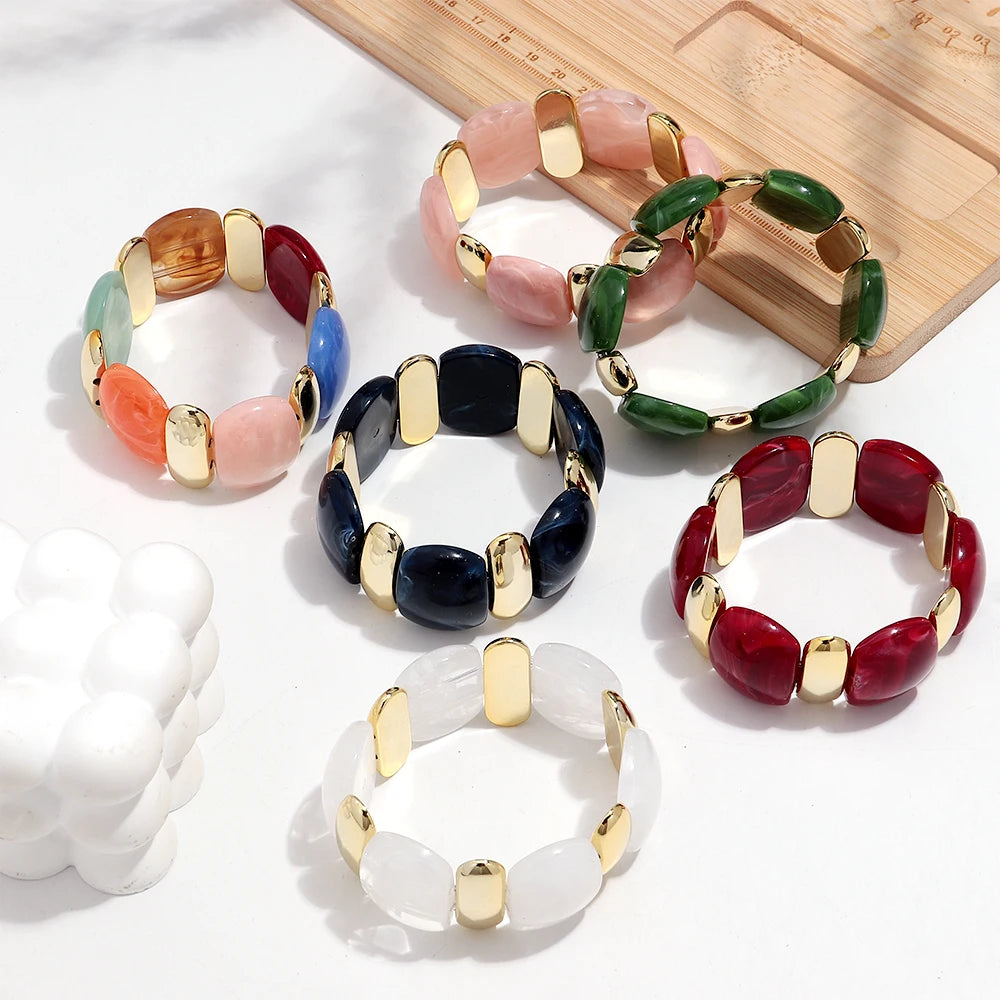 Elegant Acrylic Marble Geometric Petal Curved Beads Elastic Bracelets Trendy CCB Bead Chunky Bangles Bracelet Women Accessories