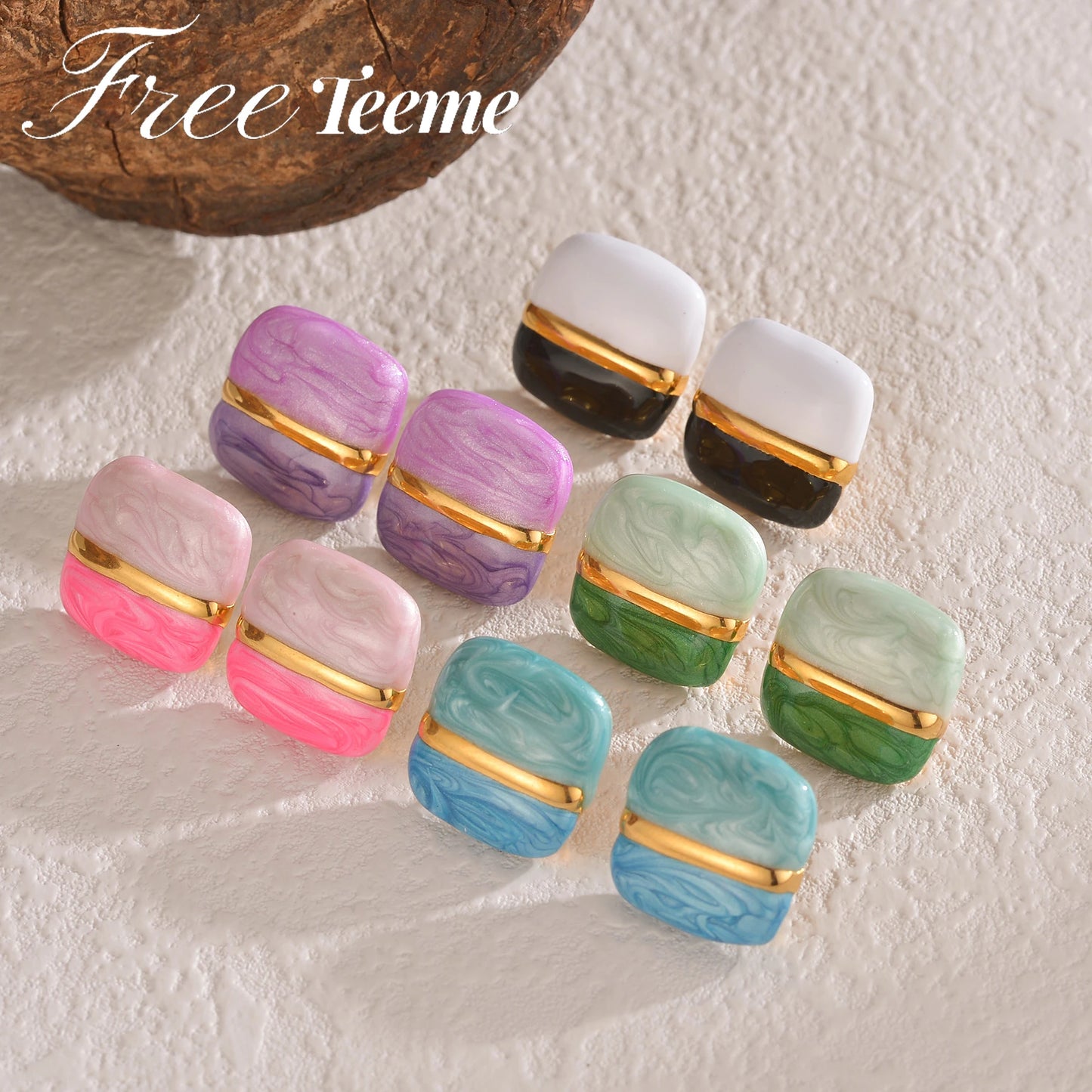 Freeteeme Trendy Color Blocking Square Earrings for Women Stainless Steel Statement Geometric Colorful Ear Stud Jewelry Gift
