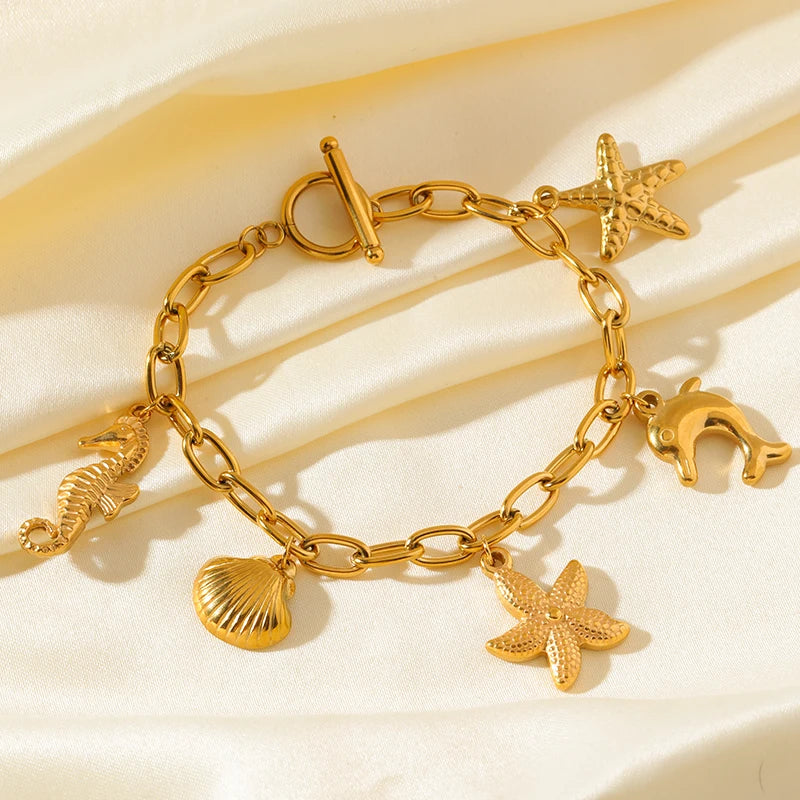 EILIECK 316L Stainless Steel Metal Golden Sun Moon Starfish Bracelet For Women Trendy Wrist Chain Handmade Jewelry Gift Party