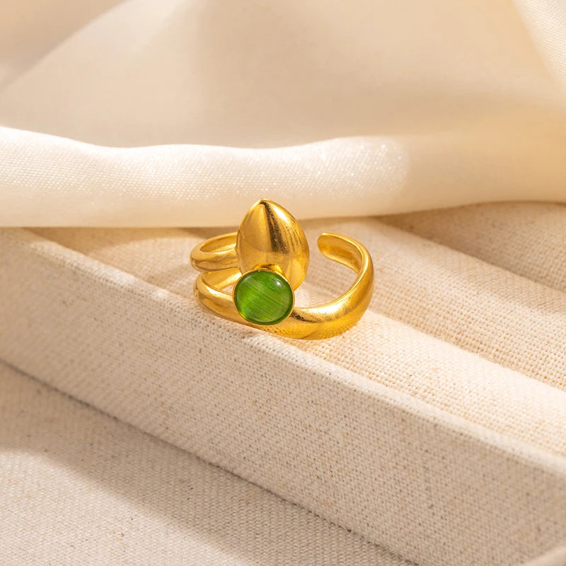 ANENJERY 316L Stainless Steel Colorful Stone Water Droplets Open Ring for Women Personality Niche Jewelry Niche Gifts Wholesale